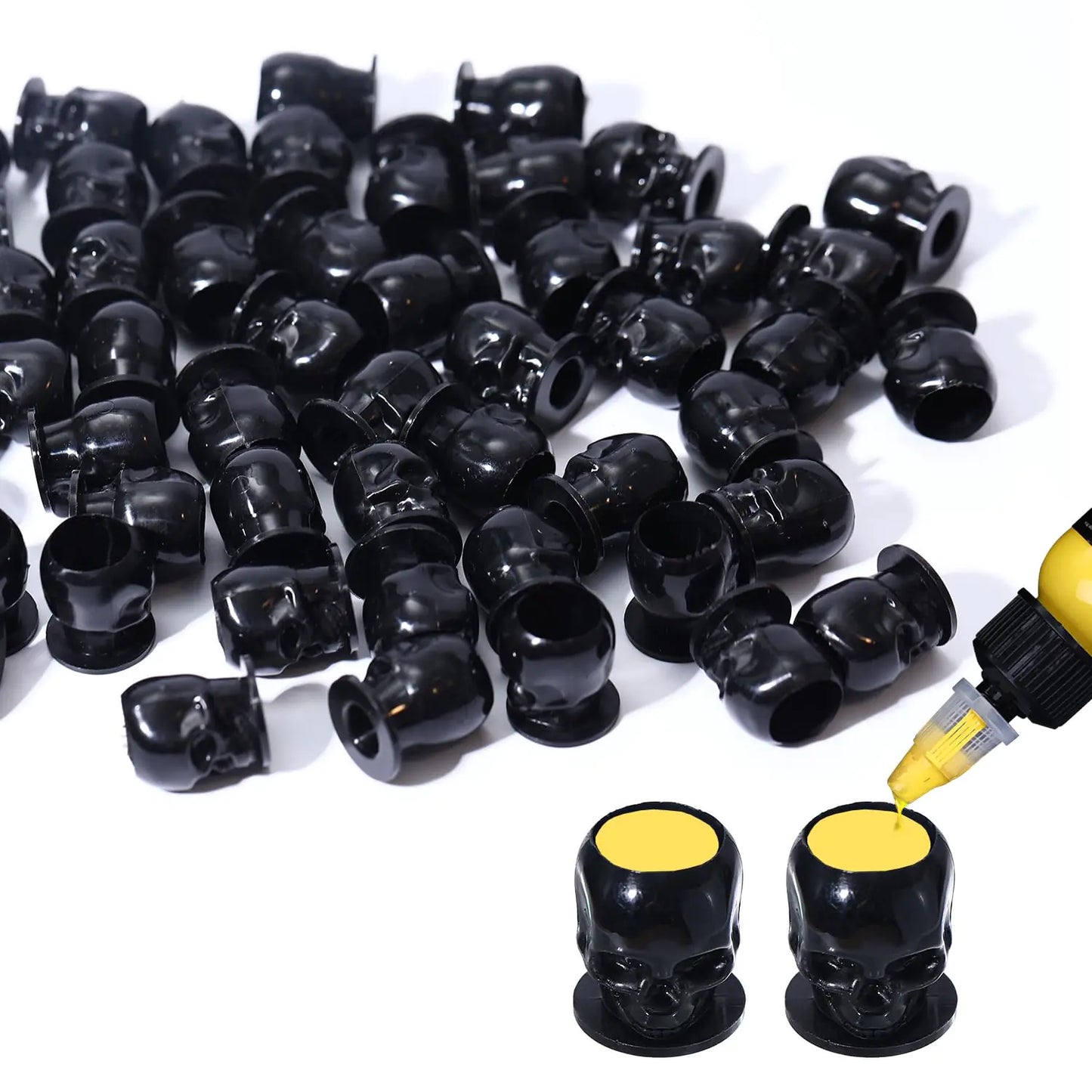 Peslief Disposable Tattoo Ink Caps Plastic Skull Tattoo Ink Cups with Base Permanent Makeup Pigment Ink Cups for Tattooing Tattoo Ink Holder Container Tattoo Accessories Tattoo Supplies - Black 50PCS