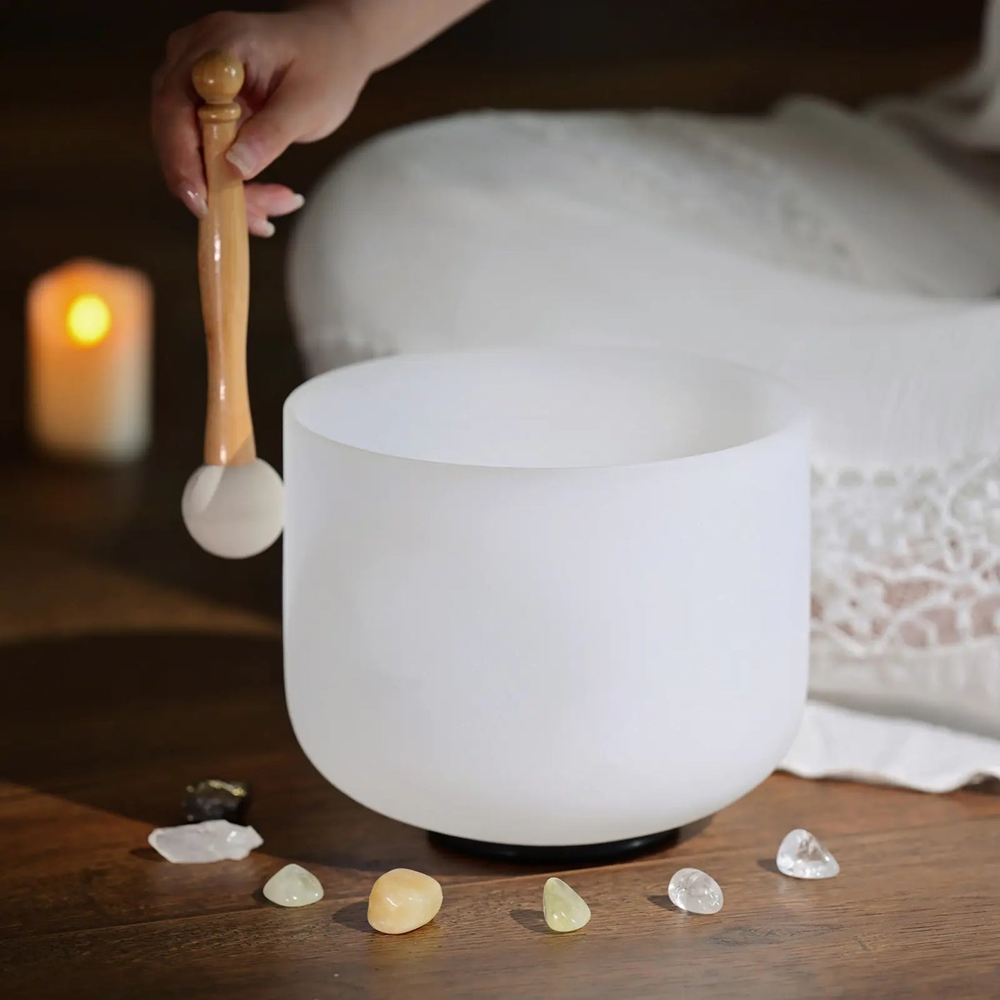 CVNC 8 Inch White Frosted Quartz Crystal Singing Bowl for Sound Healing Meditation Yoga with Free Mallet