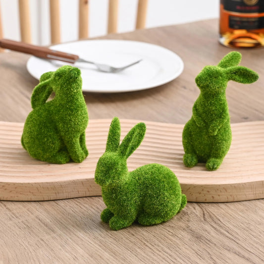 AOMOONOA Resin Flocked Bunny Figurines Set of 3 Artificial Green Moss Bunnies for Easter Decor Small Decorative Rabbit Statues for Home Decor Spring Tabletop Centerpiece Outdoor Decorating