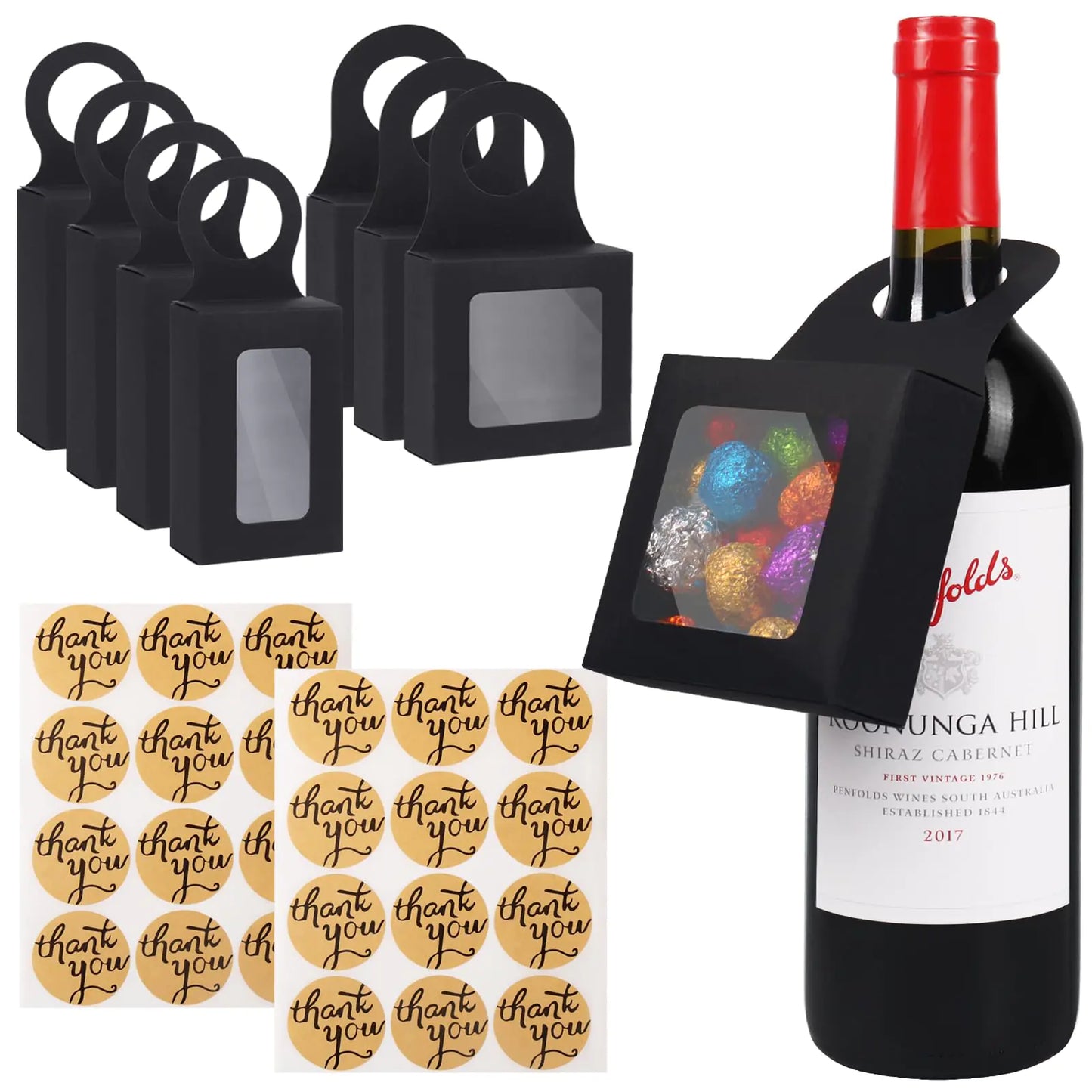 Wine Bottle Box with Window Foldable Wine Bottle Gift Boxes with Paper Stickers Wine Boxes for Hanging Bottle Gift Decoration (Black)