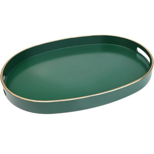 Spsyrine Dark Green Plastic Serving Tray for Ottoman Coffee Table Oval Decorative Tray for Entertaining Outdoor Living Room Home Decor