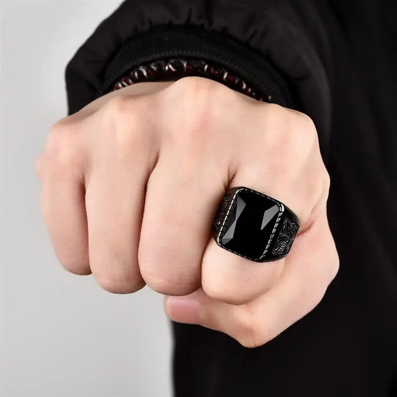 Jiayiqi Men's Hiphop Stainless Steel Stone Ring - Rock Fashion Jewelry