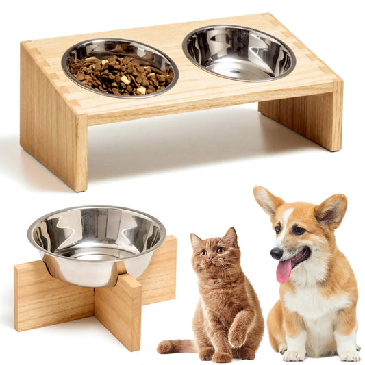 KIRIGEN Wood Elevated Cat Bowls Raised Pet Dog Bowl Stand Feeder with 3 Stainless Steel Bowls for Food and Water for Cats and Small Pets MWJ-NA