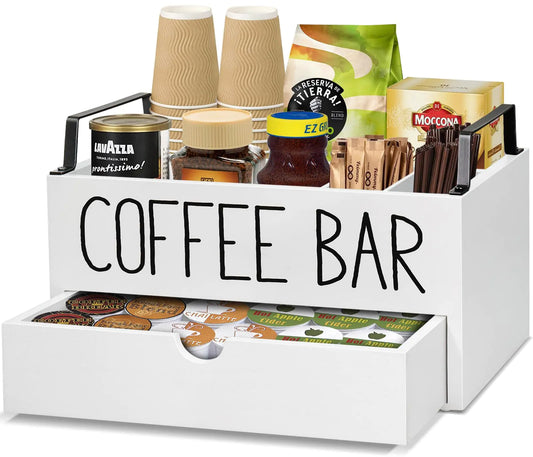 Coffee Station Organizer with Drawer Wooden Coffee Bar Accessories Organizer for Counter Farmhouse Kcup Coffee Pod Holder Storage Box with Handle Coffee Bar Organizer Station for Coffee Bar Decor