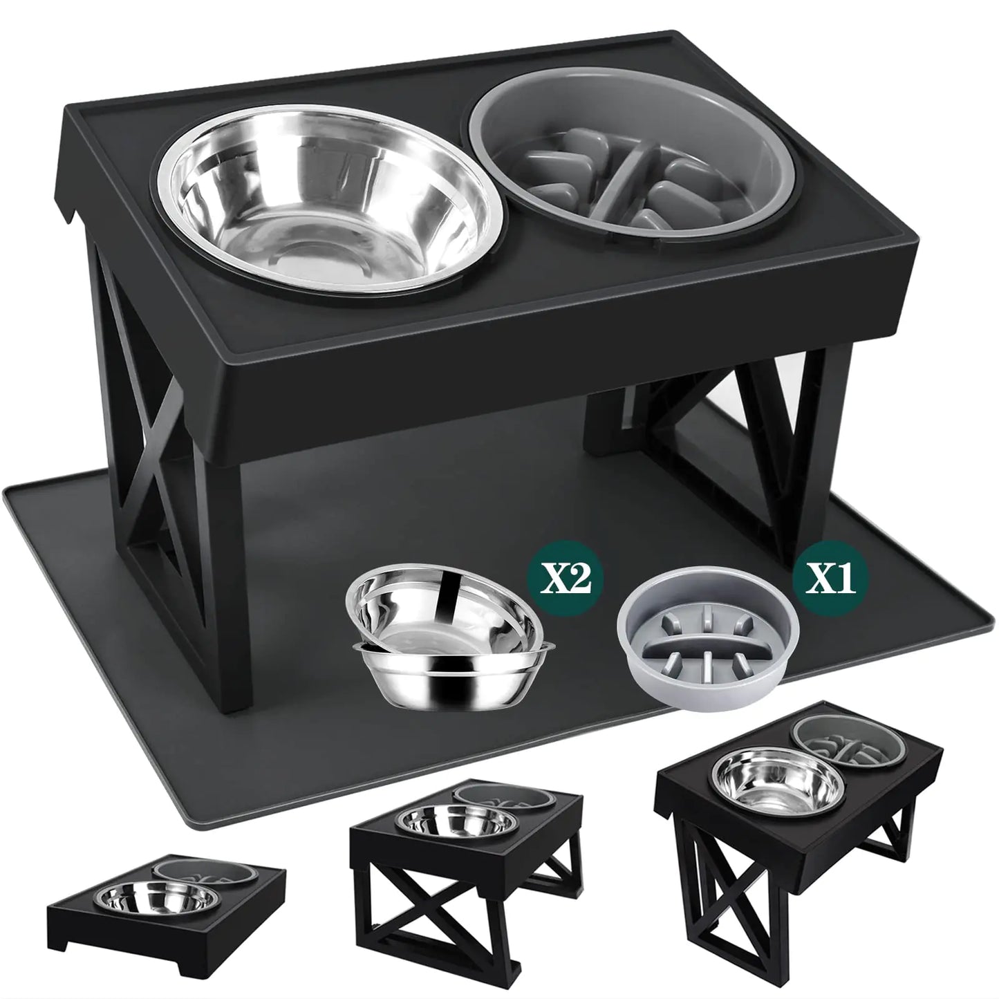 MDEHOPET Elevated Dog Bowls with Mat for Middle Large Breeds 3 Adjustable Heights Raised Pet Bowl Stand Feeder with Slow Feeder Bowl 2 Stainless Steel Food & Water Bowls for Small Medium Large