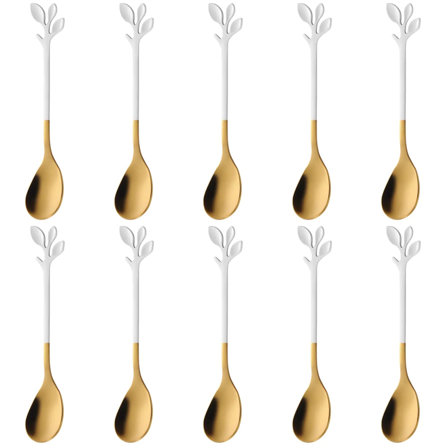 AnSaw Elegant White & Gold Leaf Espresso Spoons - 10-Piece 4.7" Mini Stainless Steel Coffee & Dessert Tea Spoons Perfect for Demitasse & Small Servings