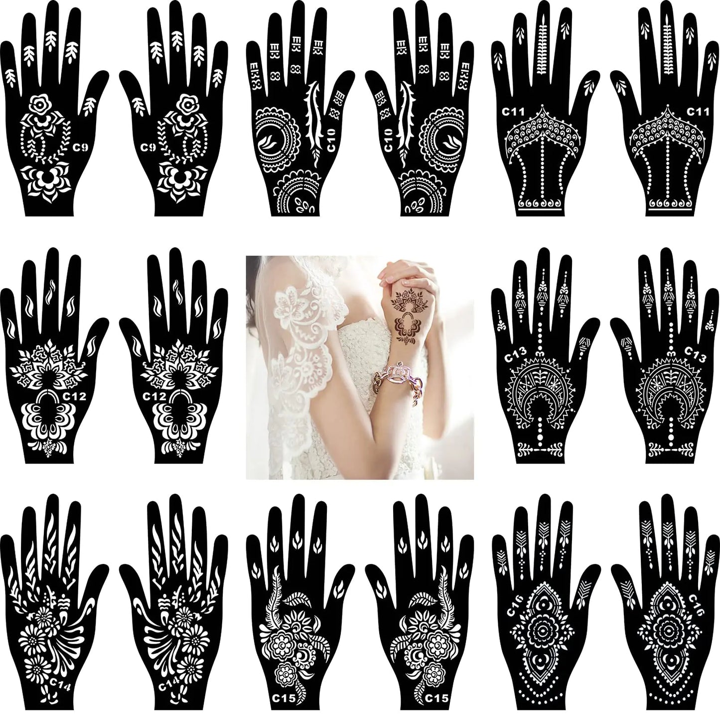 16Sheets Henna Tattoo Stencils Kit for Hand Reusable Indian Arabian Temporary Tattoo Mehndi Stencil