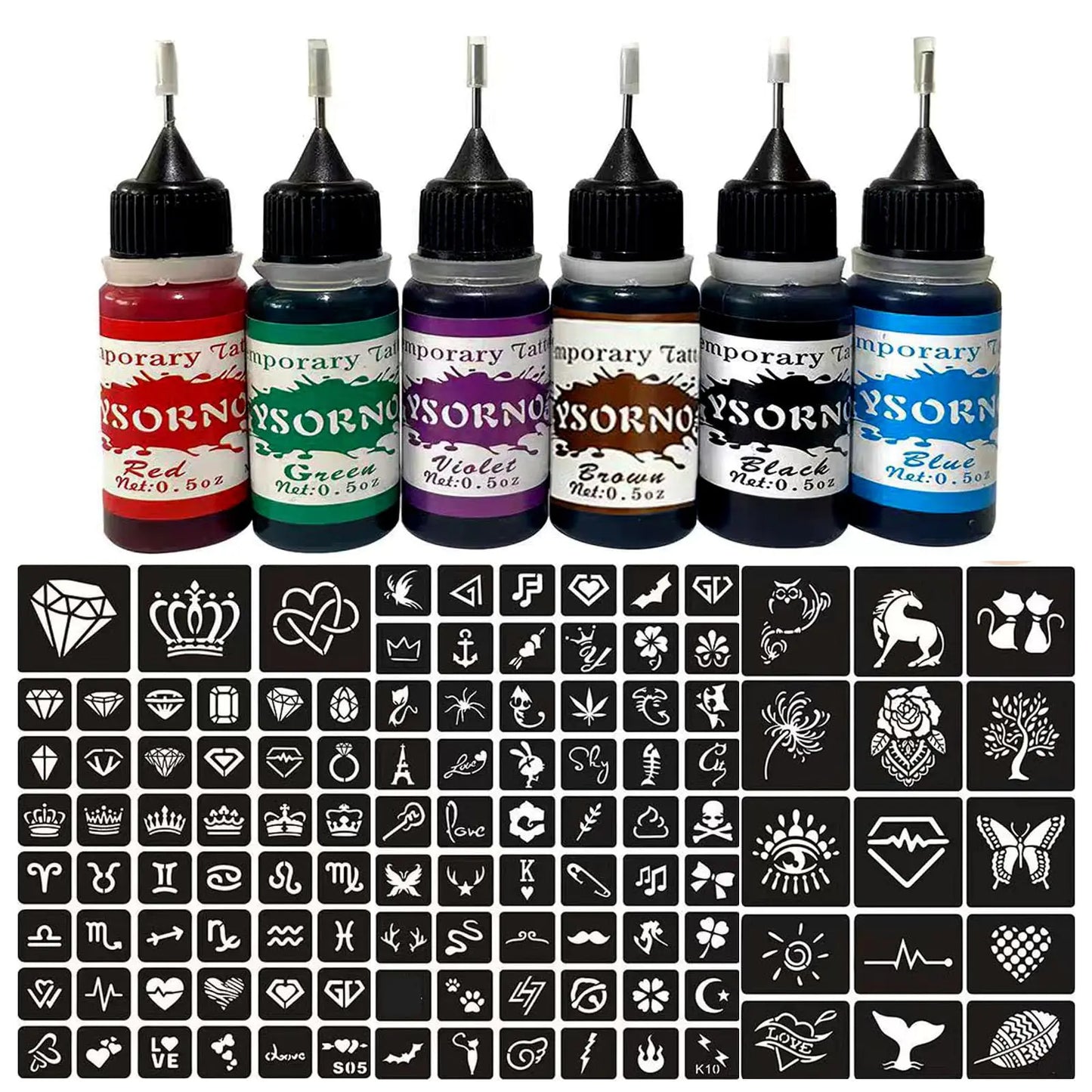 Temporary Tattoo Kit6 Bottles Temporary Tattoo Ink 0.5oz with 125Pcs Tattoo StencilsDIY Fake Tattoo for Women Men Kids Body Art Painting PATY13