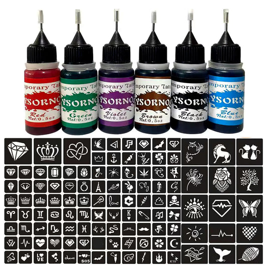 Temporary Tattoo Kit6 Bottles Temporary Tattoo Ink 0.5oz with 125Pcs Tattoo StencilsDIY Fake Tattoo for Women Men Kids Body Art Painting PATY13