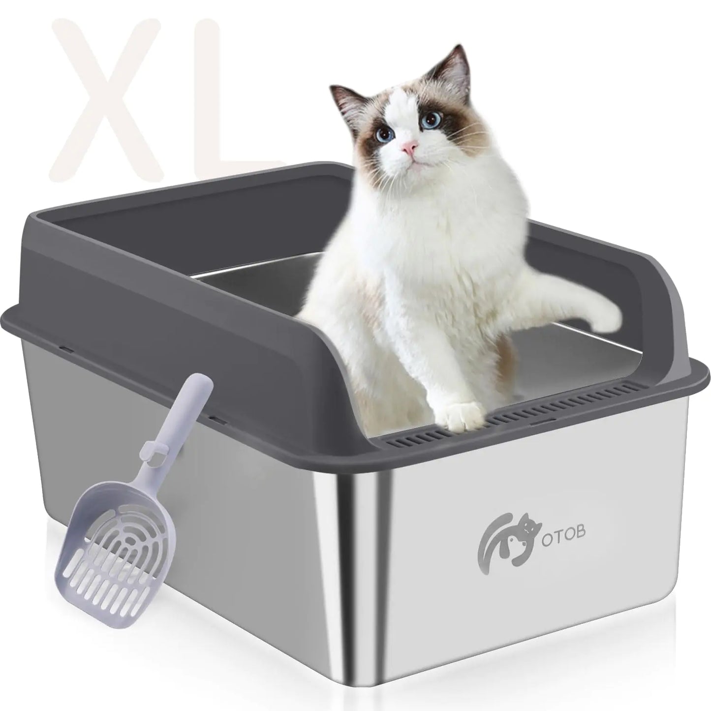 OTOB Stainless Steel Litter Box with Lid XL Enclosed Metal Litter Box for Big Cats Extra Large Cat Litter Box Easy Clean Steel Litter Box for Multiple Cats Anti-Leakage Litter Scoop Dark Gray