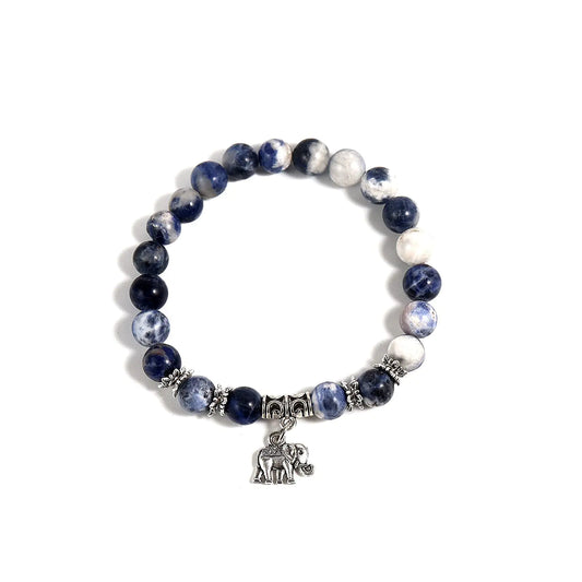 Stretchy Stone Bead Elephant Charm Bracelet Bangle Reiki Crystal Seeds Animal Bracelet for Women Men Good Luck Yoga Meditation Christmas Jewelry Gift-C blue stone