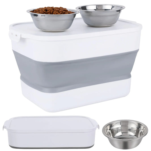 ROYALAY Dog Food Storage Container with Bowls 2-in-1 Adjustable Elevated Dog Bowls Raised Pet Feeding Storage Station with 2 Stainless Steel Bowls Pet Dish Bowl Set for Home or Camping