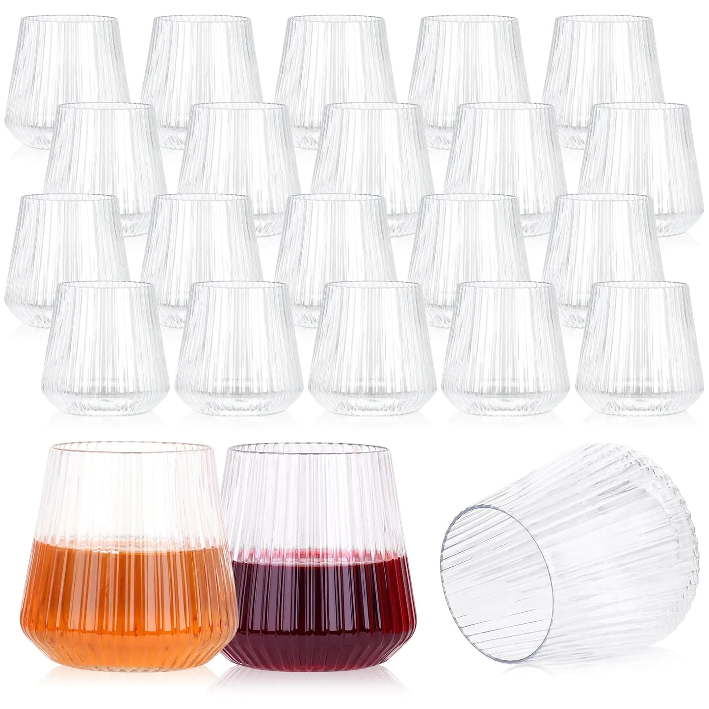 tchrules 24 Pack Plastic Ribbed Wine Glasses 14oz Stemless Disposable Wine Cups Clear Unbreakable Outdoor Cocktail Glasses Heavy Duty Reusable Plastic Drinking Cups for Party Wedding Mimosa Bar