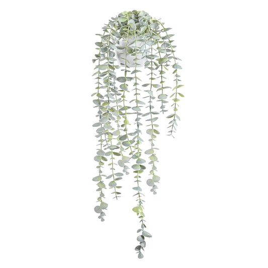 BACAMA Decorative Hanging Plants for Shelf Faux Ivy Eucalyptus Vine Fake Greenery in White Bigger Pot (Light Green 1PCS)