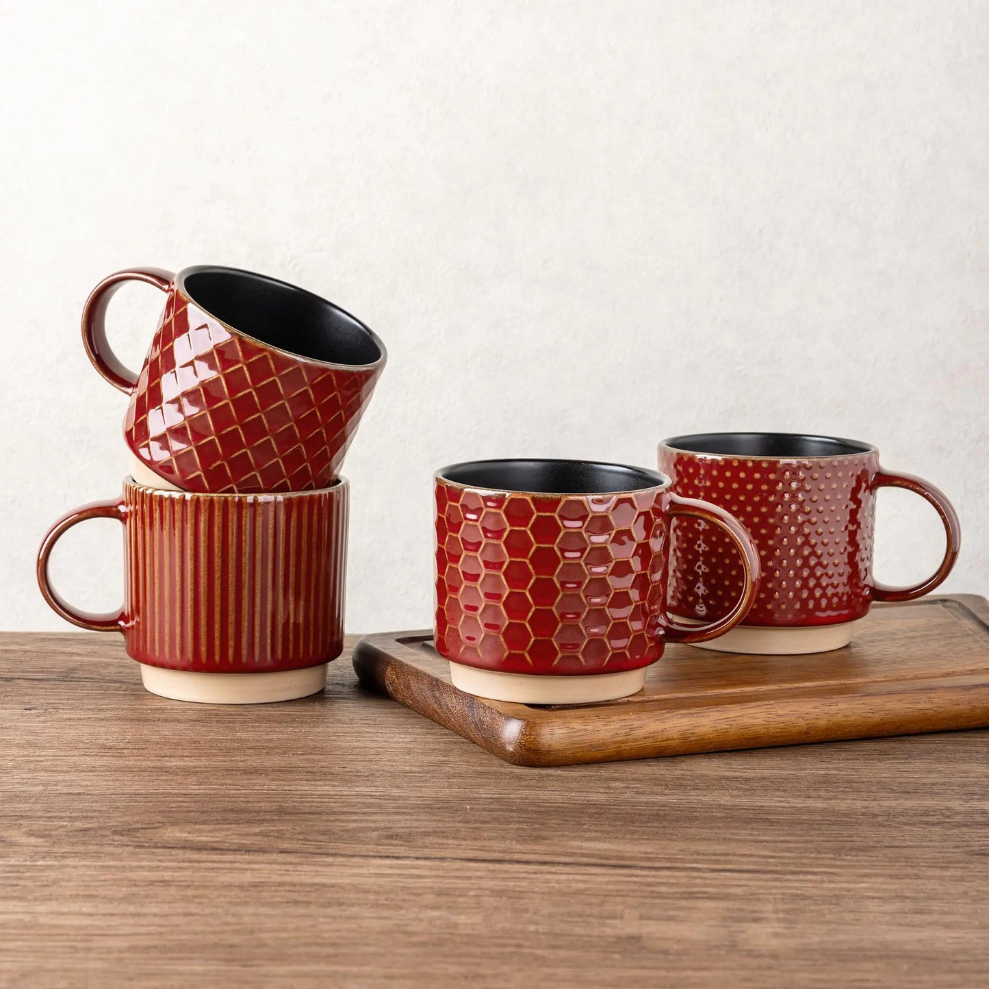 GBHOME 12 OZ Stackable Coffee Mugs Ceramic Coffee Mugs with Texture Patterns for ManWomanDadMom Modern Coffee Mugs Set of 4 for Latte/Cappuccino/Cocoa. Dishwasher&Microwave Safe Red