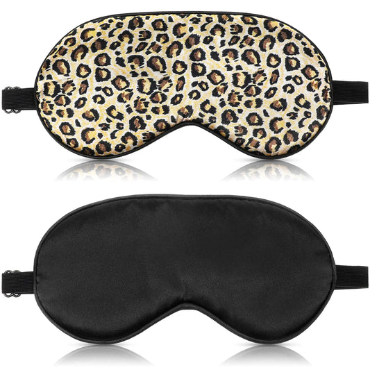 2 Pieces Silk Sleeping Mask with Adjustable Strap-Silk Eye Mask Soft Eye Cover Blindfold Eyeshade with Leopard Print for Blocking Out Lights Sweet Sleep Travel Relax Nap Meditation (Black)