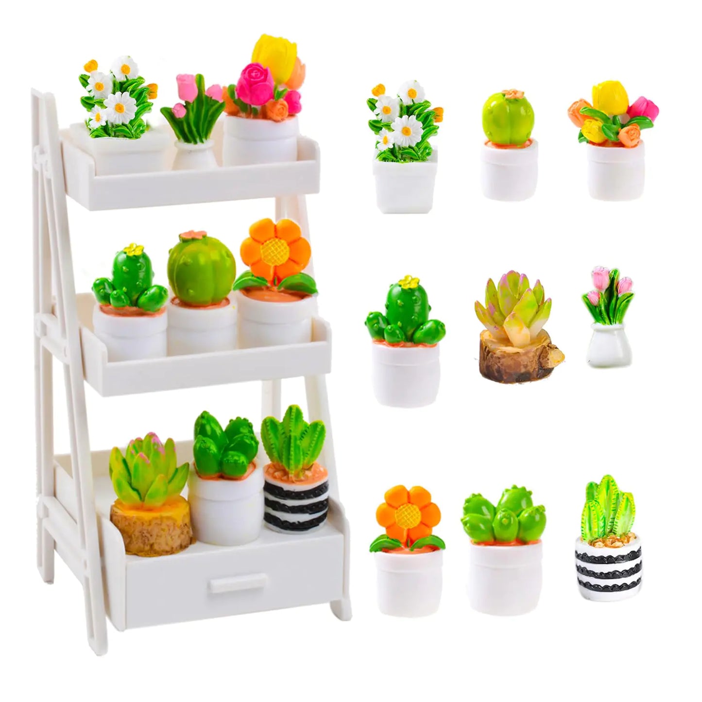 U-Zimikee 10 Pcs Miniature Dollhouse Plants Flowers with White Plant Stand Mini Resin Plants Miniature Bonsai Plant Mini Potted Plants Artificial Tiny Greenery Ornament for Dollhouse Decorations