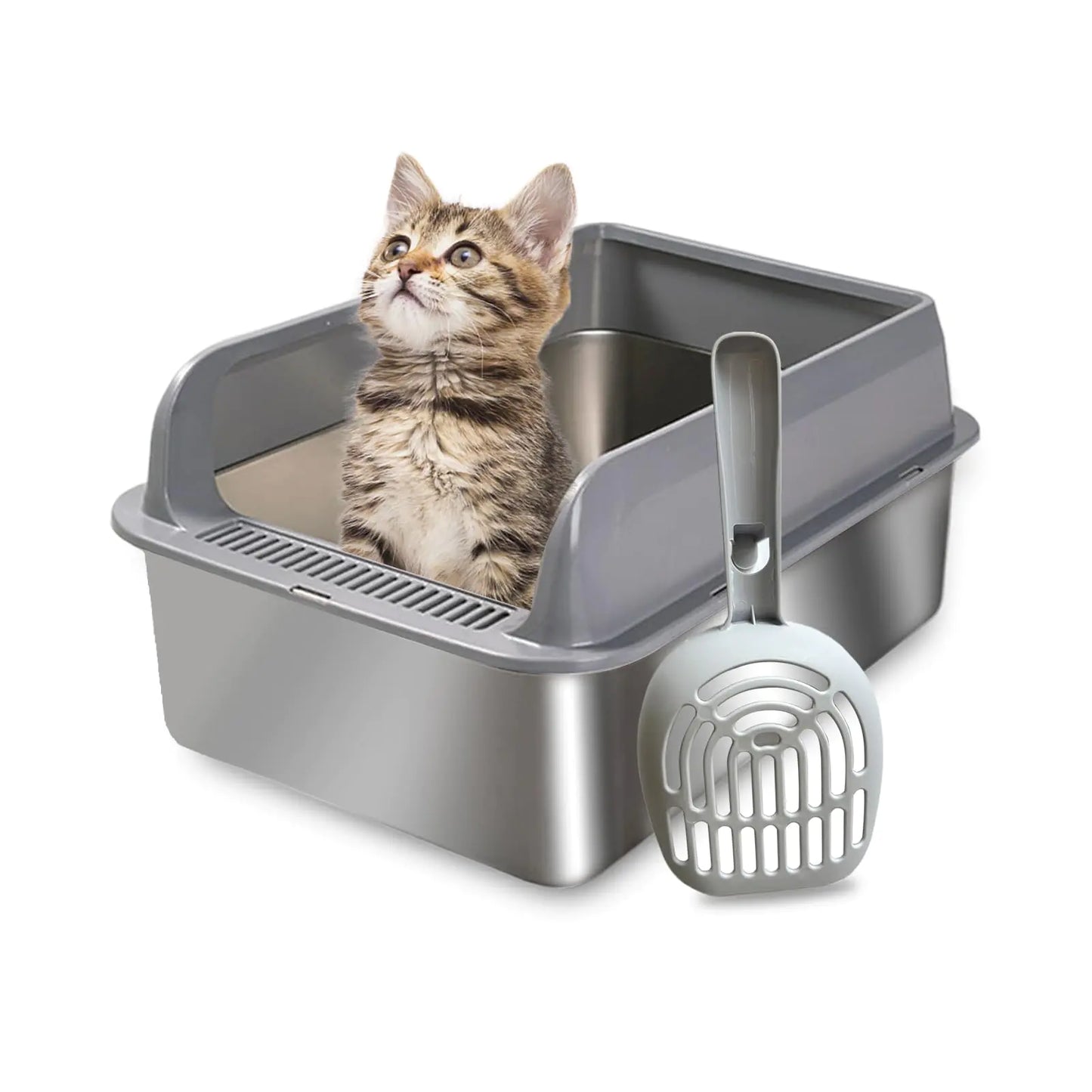 Stainless Steel Litter Box High Sided Litter Box for Cat Extra Large Litter Box with Lid Easy Cleaning High Wall Side Covered Litter Box Metal Litter Box with Scoop