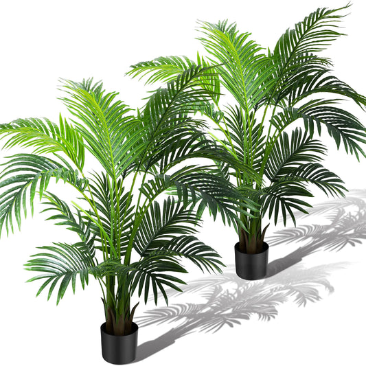 KOL 4ft 2-Pack Artificial Palm Tree Plant 47in Fake Cane Areca Palm Silk Tree Indoor OutdoorDypsis Lutescens Realistic Faux Silk Plants for for Office Home Garden Decoration Lifelike Modern Decor