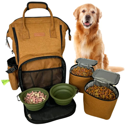 Titos Closet Dog Travel Bag – Includes Accessories 2-Pack Bowls for Dogs 2 Pet Food Containers Treat Bag – Ultimate Pet Travel Bags for Supplies (Brown)