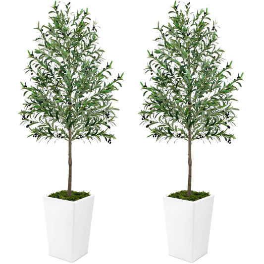 Olive Trees Artificial Indoor 7ft 2 PCS Tall Faux Silk Plant with Pot Realistic Leaves and Natural Wood Trunk Fake Trees with Lifelike Fruits for Home Office Decor Bedroom Livingroom Entryway