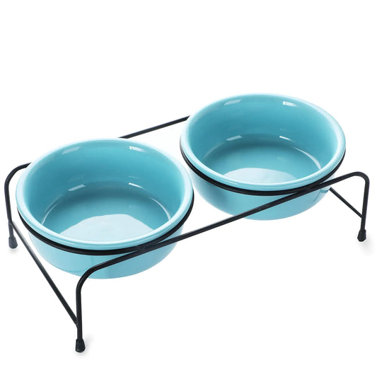 GDCZ Porcelain Raised Cat or Small Dog Bowls with Heighten Metal Stand and Non Slip Bottom for Pet Food and Water Dishes 15 Ounces (Turquoise)