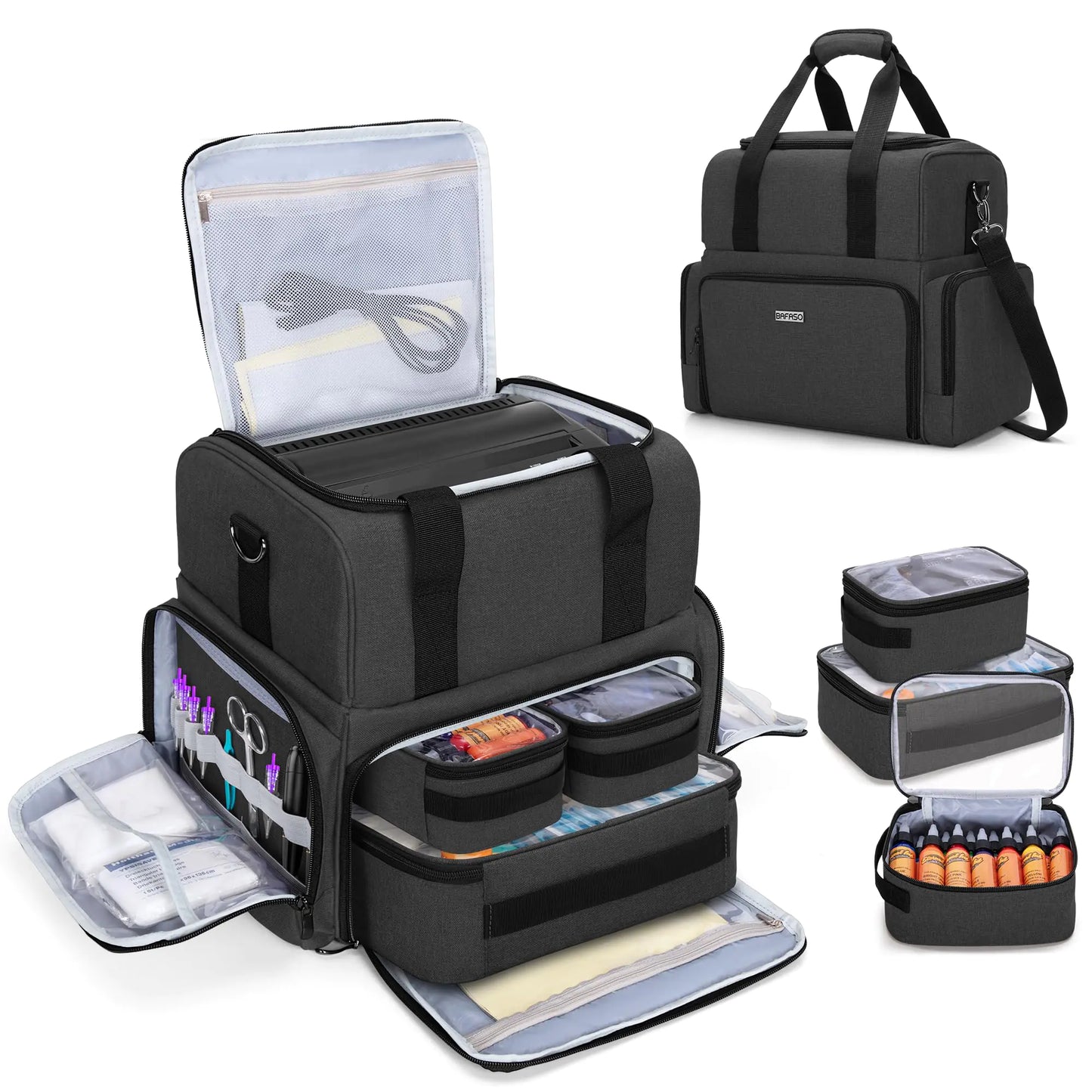 BAFASO Large Tattoo Case with 3 Inner Removable Pouches Tattoo Travel Case for Large Tattoo Stencil Printer and Tattoo Supplies (Bag Only) Black (Patented)