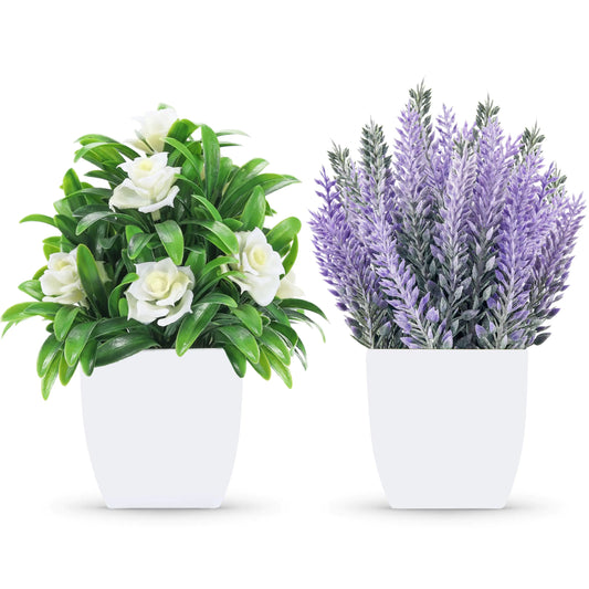 Der Rose 2 Pack Small Fake Plants Faux Plants Indoor with Flowers for Home Bathroom Kitchen Office Desk Decor