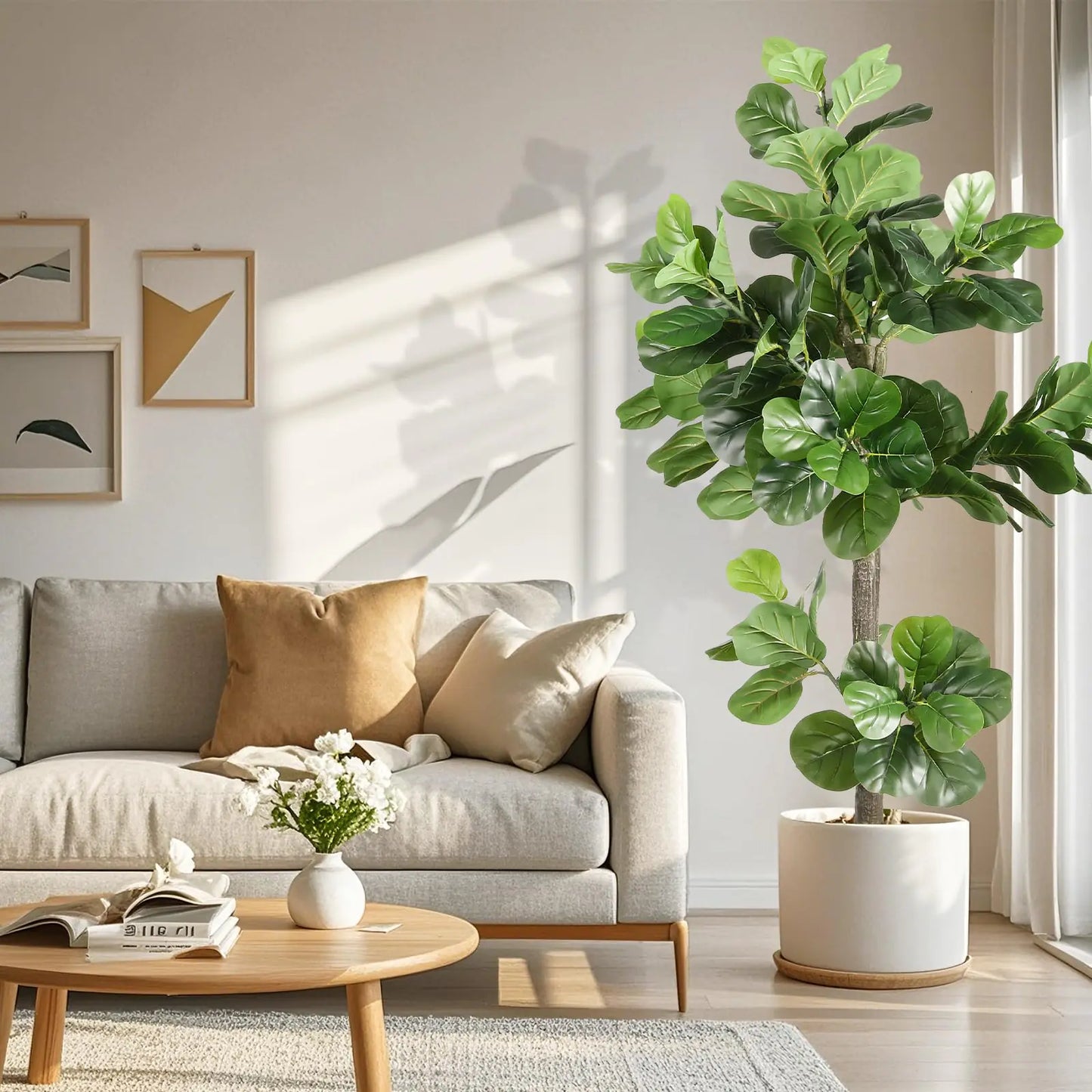 TALVADI Fiddle Leaf Fig Tree Artificial 5ft Tall Faux Fiddle Leaf Fig Plant Fake Tree Indoor Fake Ficus Iyrata Plant Include Pampas Grass Artificial Trees for Office Home Decor Indoor