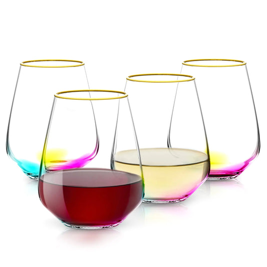 Rakle Stemless Wine Glasses – Rainbow Colored Set of 4 Wine Tumbler Glasses for Red and White Wine – 14.3oz Crystal Wine Glasses–Clear Stemless Glasses with Gold Rim – Modern and Elegant Glassware Set