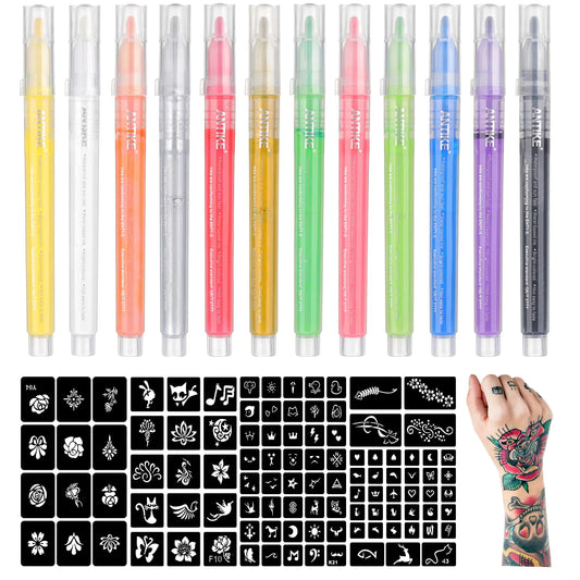 ANTIKE Temporary Tattoo Markers for Skin12 Colors Washable Body Tattoo Pens+104 Unique Tattoo StencilsBody Markers Temporary Tattoo Kit for Teens and Adult ZYH2311001KIT