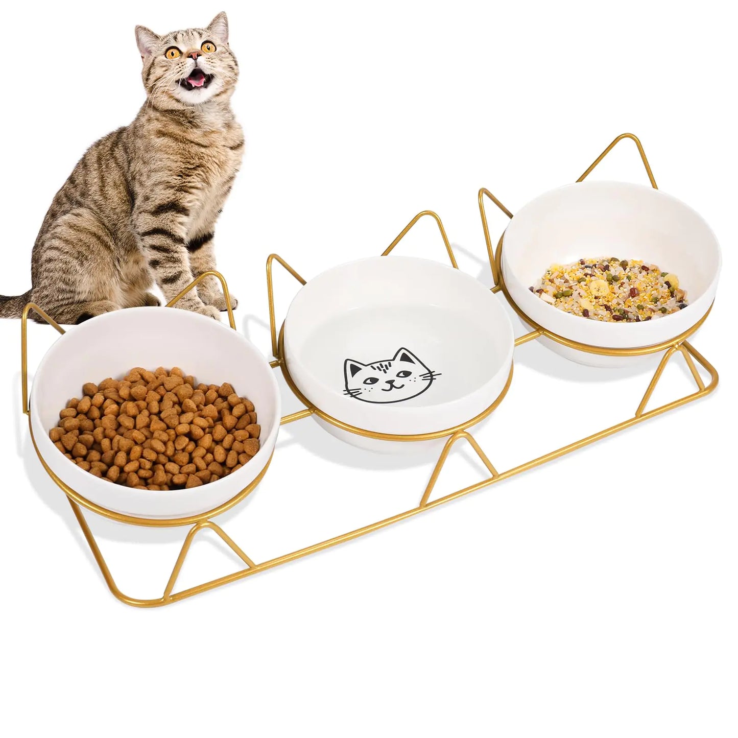 Wedding Pails Elevated Cat Bowls with 3 Ceramic Bowls5 inches Food & Water Bowls 15° Tilted Raised Feeding Dishes with Metal Stand for Multiple Cats Dog Pet Gold