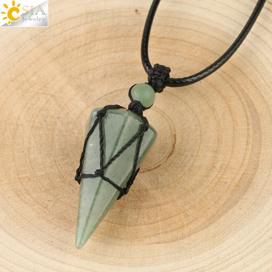 CSJA Natural Stone Cone Pendant Necklace: Crystal Quartz & Black Rope