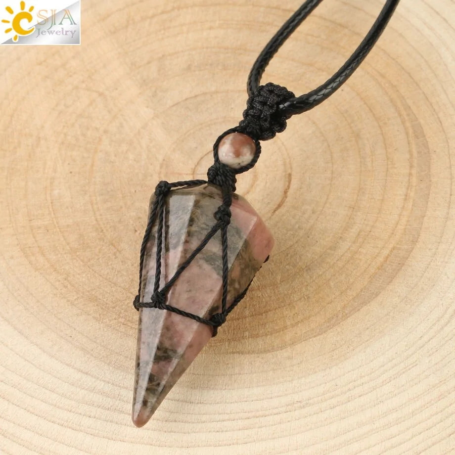 CSJA Natural Stone Cone Pendant Necklace: Crystal Quartz & Black Rope