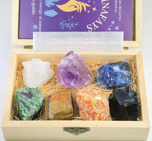 Atminafays Raw Crystals and Healing Stones Set – 7 Chakra Stones with Selenite Stick | Wooden Gift Box Velvet Pouch & Guide | Perfect for Meditation Yoga and Reiki