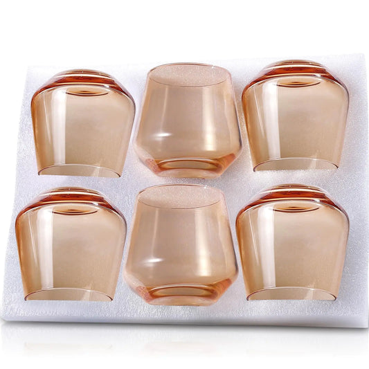 Colorsavant Stemless Wine Glasses Set 6【Peach Color Wine Glasses Stemless】 Peach Short Tumbler【14oz】 Peach Glassware for Wine or Soft DrinksUnique Wine Gifts for Valentines Day