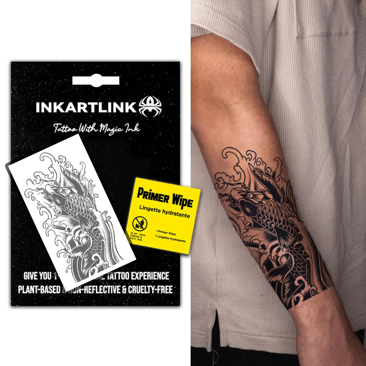 INKARTLINK Semi Permanent Temporary tattoo realistic arm tattoo suitable for domineering mens tattoo waterproof and non-reflective unique design (Koi Flower Arm)