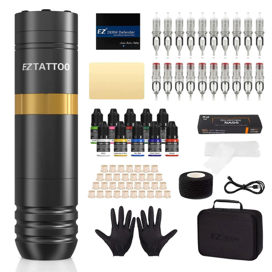 EZ Tattoo Kit - Tattoo Gun Kit Complete with Rotary Tattoo Machine Pen 1500mAh Battery Power Supply 20Pcs Tattoo Needles and 10 Color Inks for Tattoo Beginners and Artists (Caster Golden)