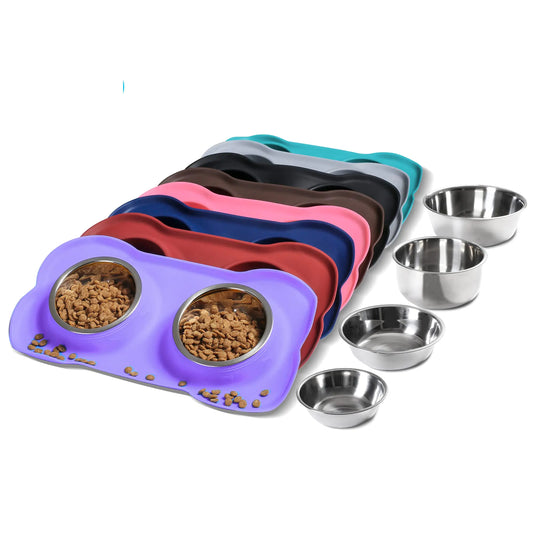 Hubulk Pet Dog Bowls 2 Stainless Steel Dog Bowl with No Spill Non-Skid Silicone Mat + Pet Food Scoop Water and Food Feeder Bowls for Feeding Small Medium Large Dogs Cats Puppies (Small Purple)