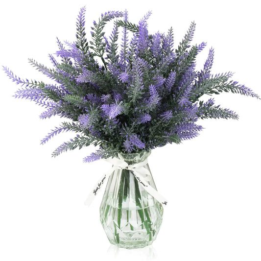 SUMJOK Artificial Lavender with Glass Vase for Farmhouse Home Decor 6 Bouquet Faux Lavender Flowers Fake Lavender Stem in Clear Flower Vase for Home Living Room Dining Bookshelf Entryway Decor