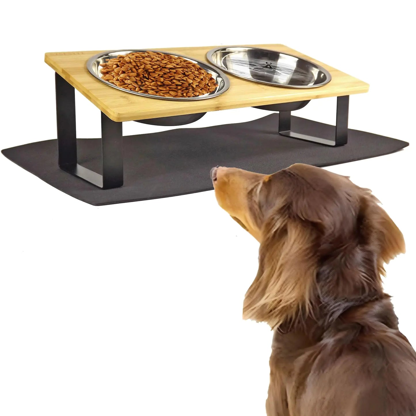 Stand-Up Tilted Bamboo Table & Metal Elevated Dog Bowls - 2 Stainless Steel Bowls for Food or Water Included Elevated pet Feeder Perfect for Small Dogs Cats Medium Pets