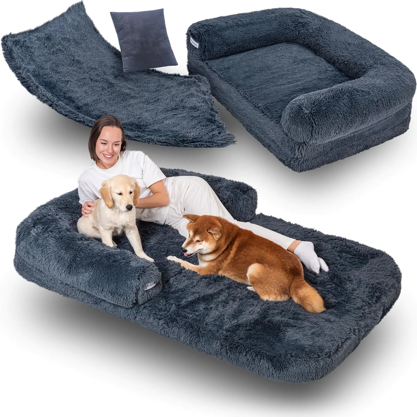 Foldable Human Dog Bed for Adults Giant Dog Couch Bed with Orthopedic Memory Foam Extra Large Dog Bed Waterproof & Washable Dog Bed - Human Sized Dog Bed - Faux Fur Calming Dog Sofa - Dark Grey