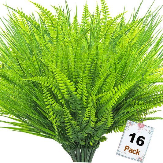 16 Bundles Artificial Plants Outdoor Artificial Ferns Outdoor Fake Plants UV Resistant Outdoor Artificial Flowers Plastic Fake Faux Plants Shrubs for Home Porch Garden Yard Window Box (Green)