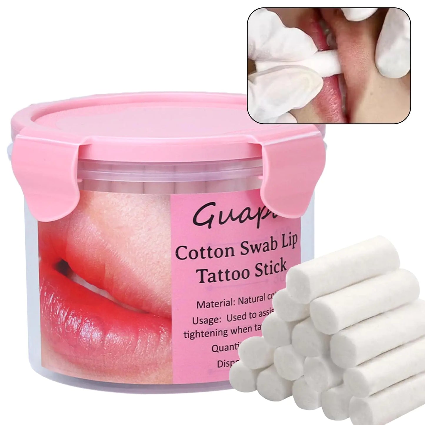 Guapa 100pcs Cotton Lip Tattoo Stretching Stick Tattoo Stretching Stickotton Lip Tattoo Stick Makeup Lip Brushing Stick (Pink Box)