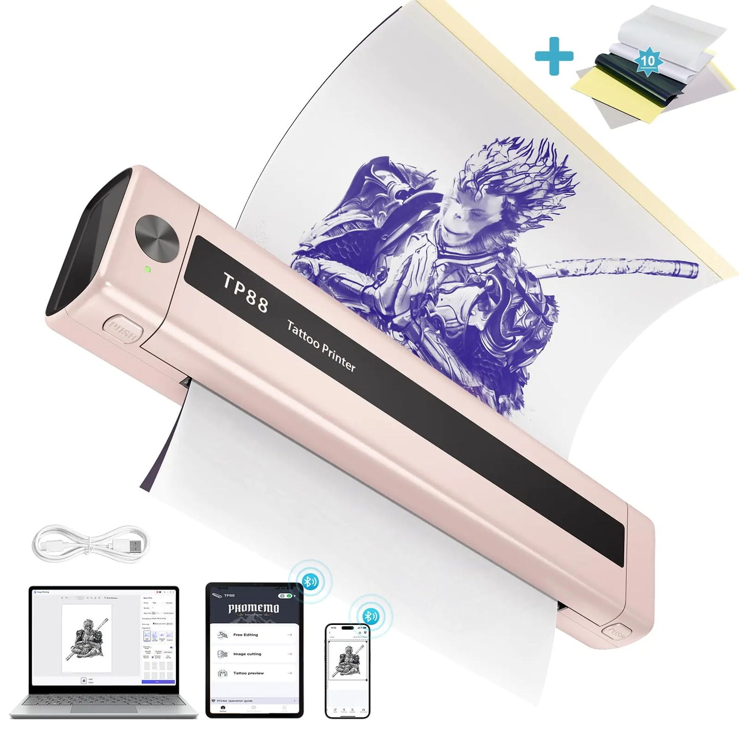 Bluetooth Tattoo Stencil Machines Tattoo MachinesTP88 Thermal Tattoo Machines with 10pcs Transfer Paper Bluetooth Tattoo Stencil Machines for Smartphones & PC for Tattoo Artists & Beginners