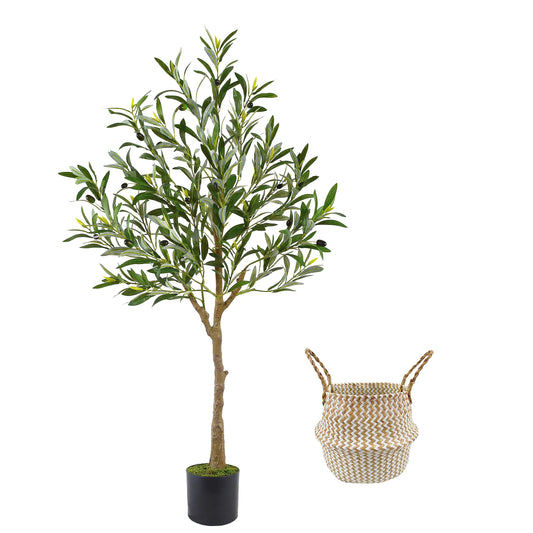 Warmplants Artificial Olive Tree 4ft Tall Fake Olive Leaves Plant with Basket Indoor Outdoor Faux Olive Topiary Silk Tree for Home Livingroom Office Décor