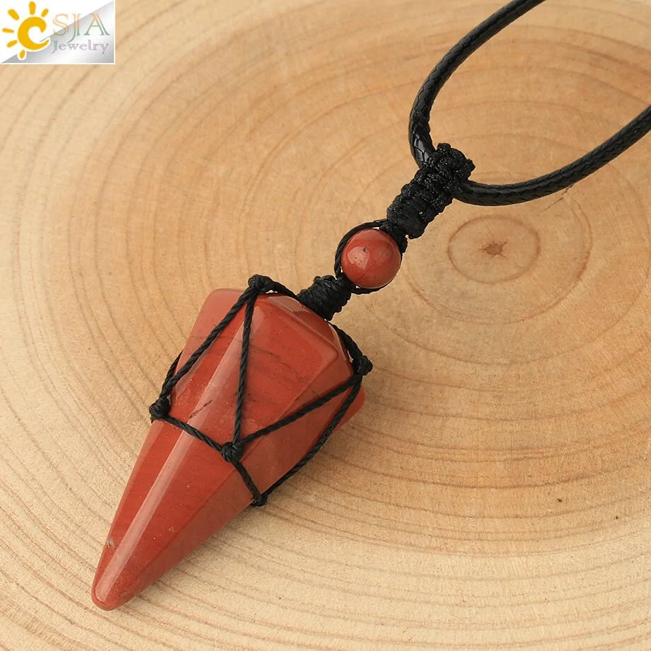 CSJA Natural Stone Cone Pendant Necklace: Crystal Quartz & Black Rope