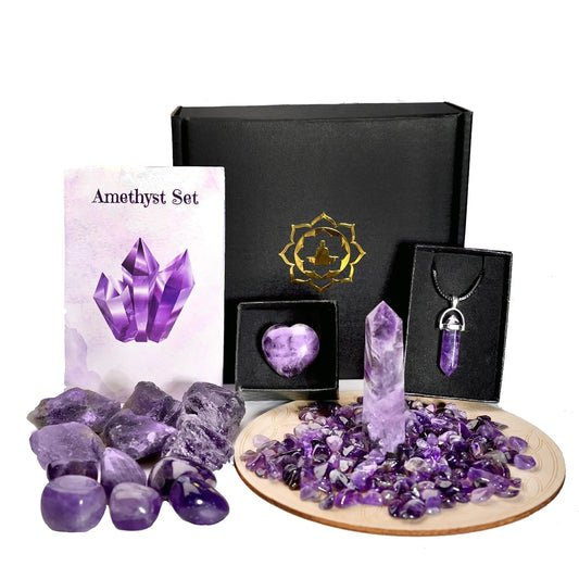 Amethyst Healing Crystal Set - Includes Tower Tumbled Stones Raw Stone Necklace Heart Chips - Perfect for Chakra Meditation and Home Decor