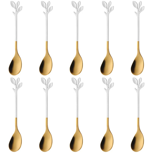 AnSaw Elegant White & Gold Leaf Espresso Spoons - 10-Piece 4.7" Mini Stainless Steel Coffee & Dessert Tea Spoons Perfect for Demitasse & Small Servings