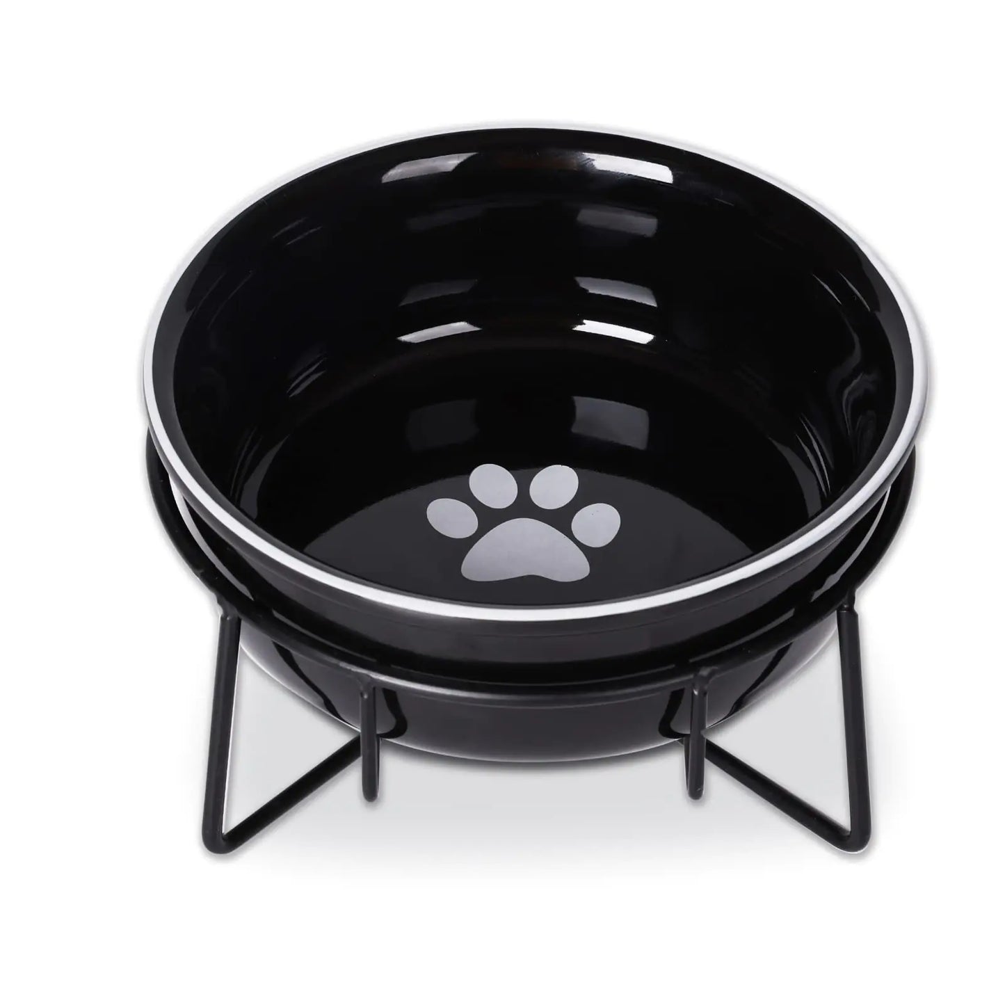 GDCZ Ceramics Raised Cat Small Dog Bowls with Heighten Metal Stand for Pet Food 15 Ounces (Black)